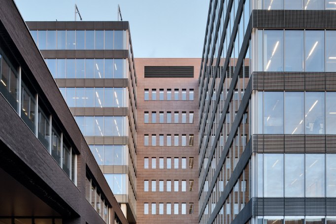 The office towers of Zuiderpoort in Ghent at dusk